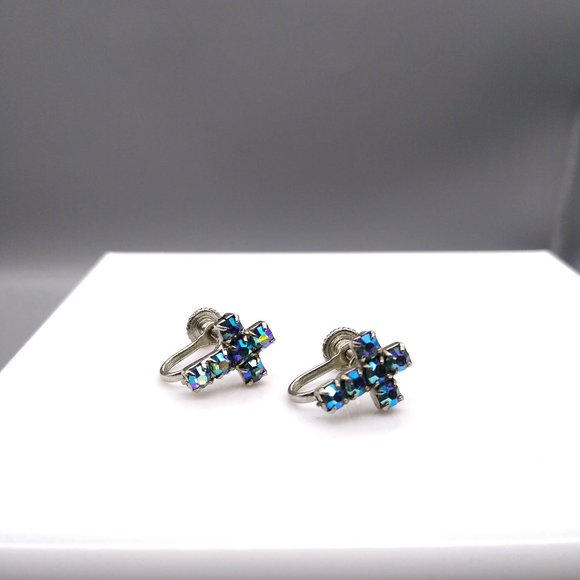 Vintage Dainty Crystal Cross Earrings with Blue AB Sparkle, Classic Tiny Screw - Picture 6 of 7